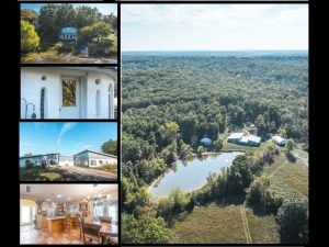Steelville Missouri land for sale with private lake, cob cabin guest house, and wooded Ozarks landscape