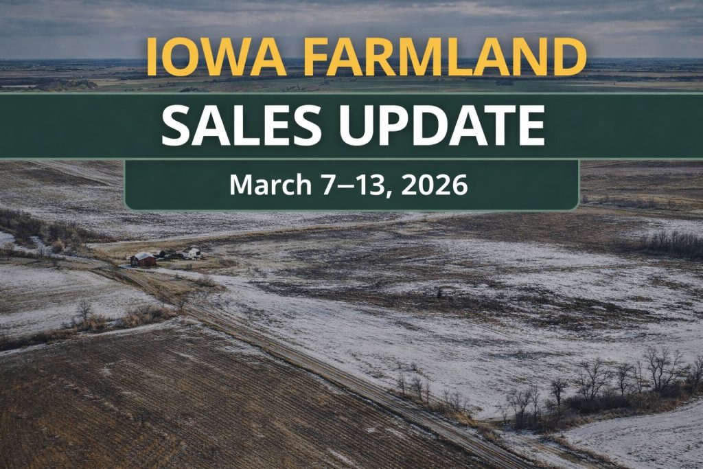 Aerial view of Iowa farmland with text overlay showing Iowa Farmland Sales Update for March 7–13, 2026.