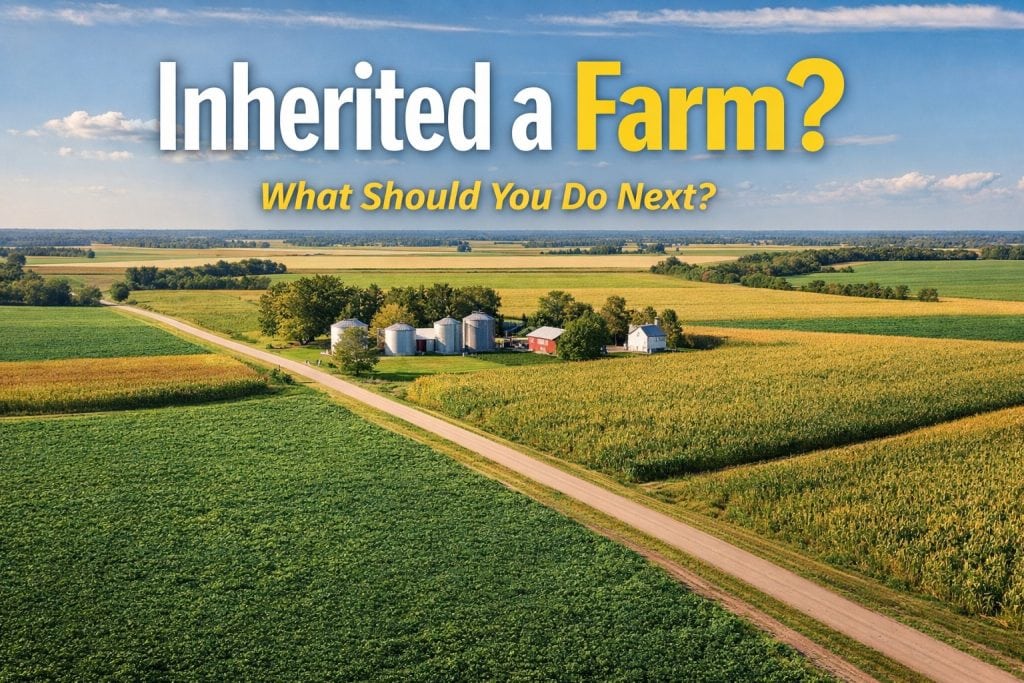 Inherited a farm what to do next farmland aerial view with farm buildings and crops