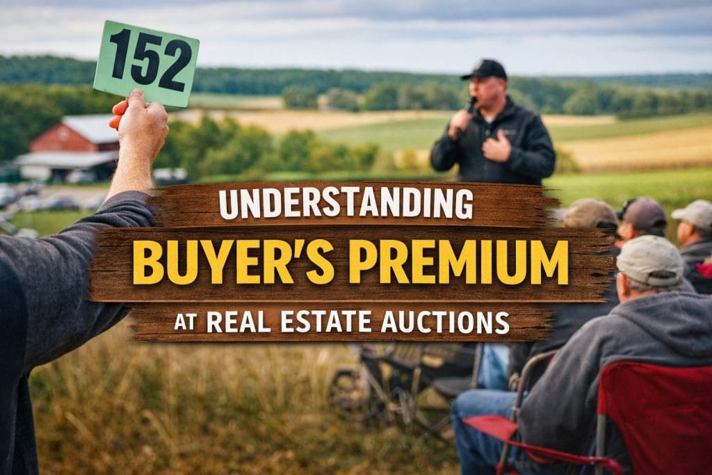 Buyer raising bid paddle at a real estate auction explaining buyer’s premium