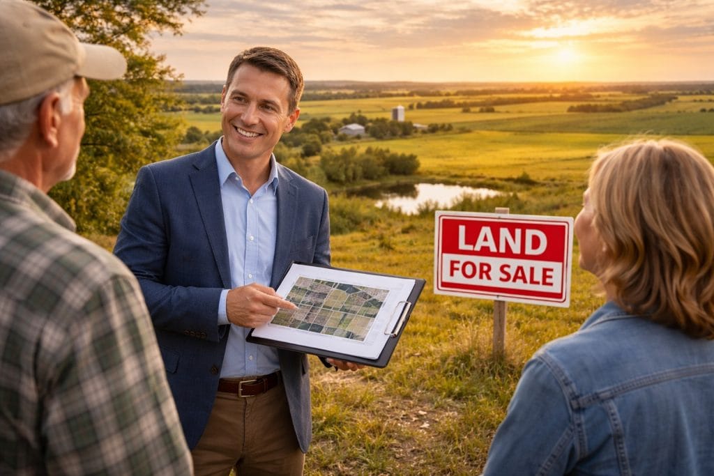 realtor talking to landowner about selling land in rural farmland