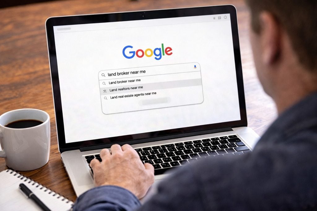 person searching for land broker near me on laptop
