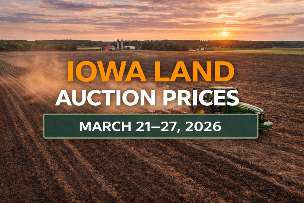 Iowa land auction prices March 21-27 2026 tractor tilling farmland field