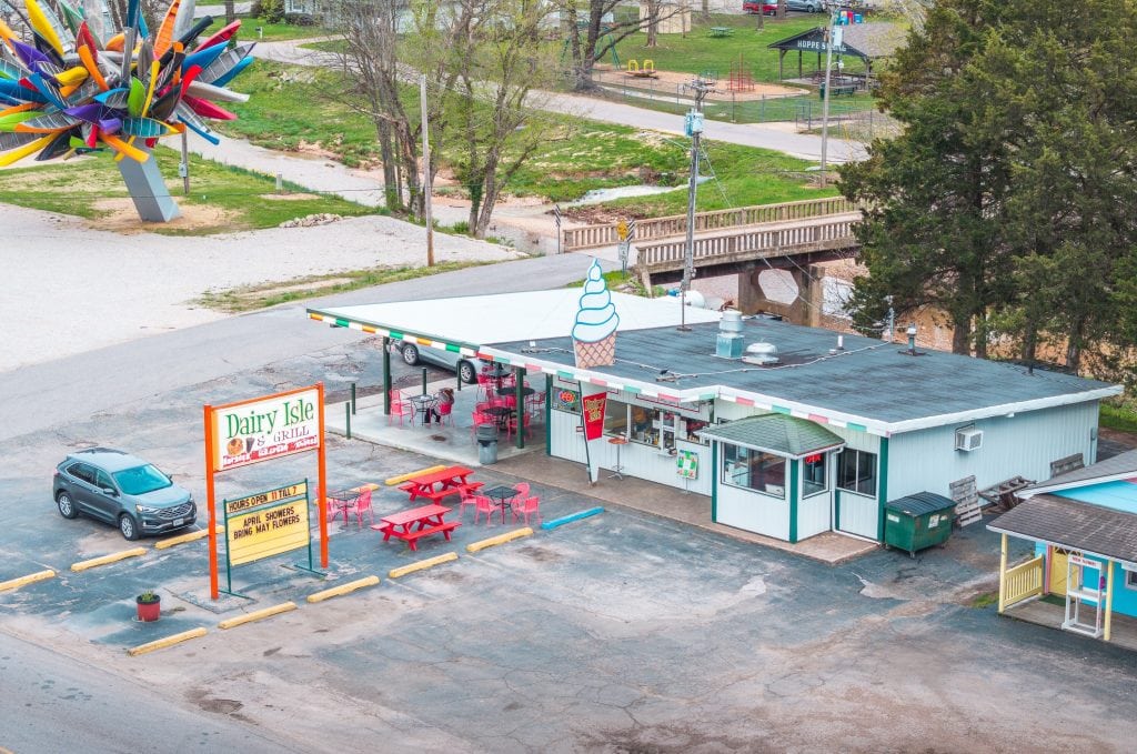 Steelville MO restaurant for sale Dairy Isle & Grill aerial view with outdoor seating and walk-up windows