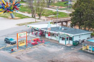 Steelville MO restaurant for sale Dairy Isle & Grill aerial view with outdoor seating and walk-up windows