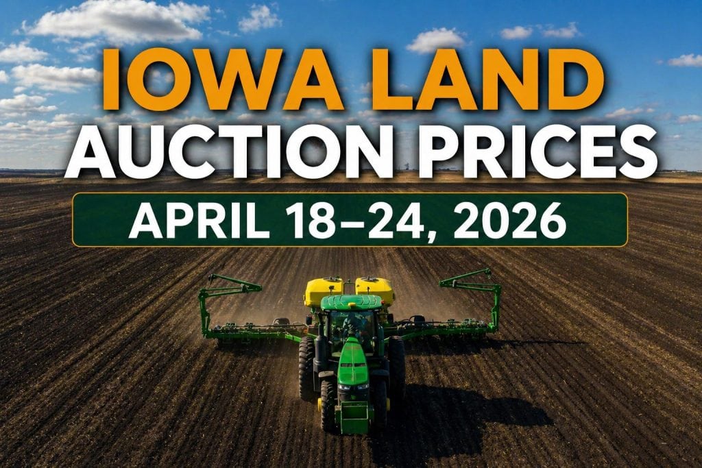 Iowa land auction results April 18-24 2026 farmland planting tractor aerial view