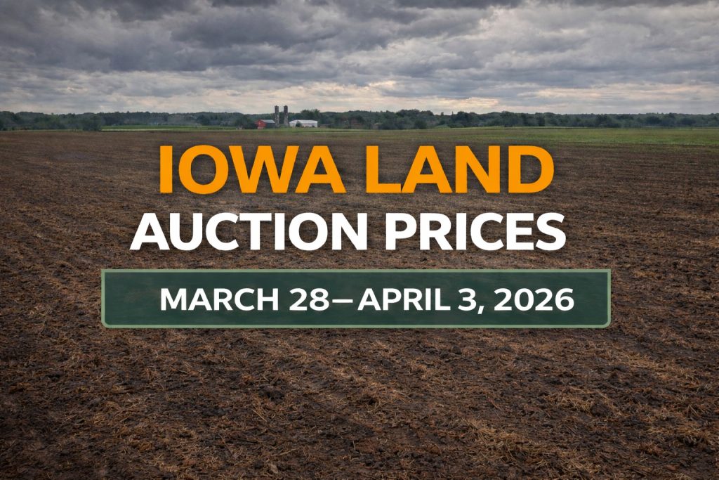 Iowa farmland auction results March 28 to April 3 2026 showing land prices and CSR2 values across Iowa counties
