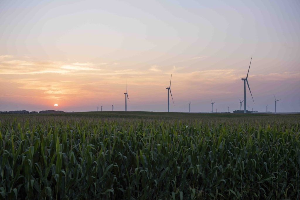 Iowa farmland with wind turbines representing land value and reserve price in farmland auction