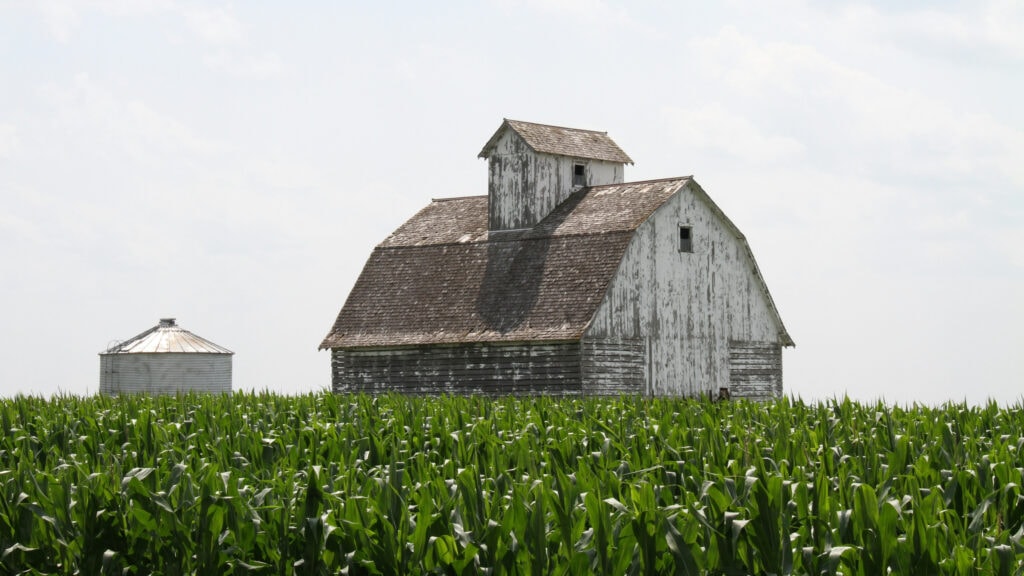 small land tract farmland in the Midwest with barn and cornfield