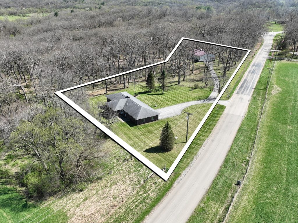 Johnson County Iowa residential property for sale aerial view with boundary lines near Solon