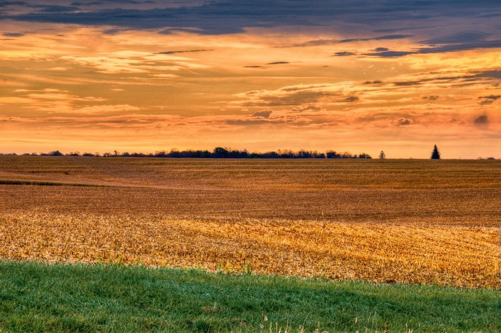 Midwest farmland at sunset during harvest season representing the best time to sell land