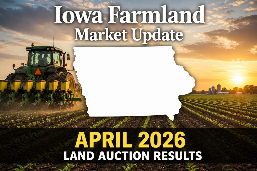 April 2026 Iowa farmland market update with tractor planting crops and land auction results