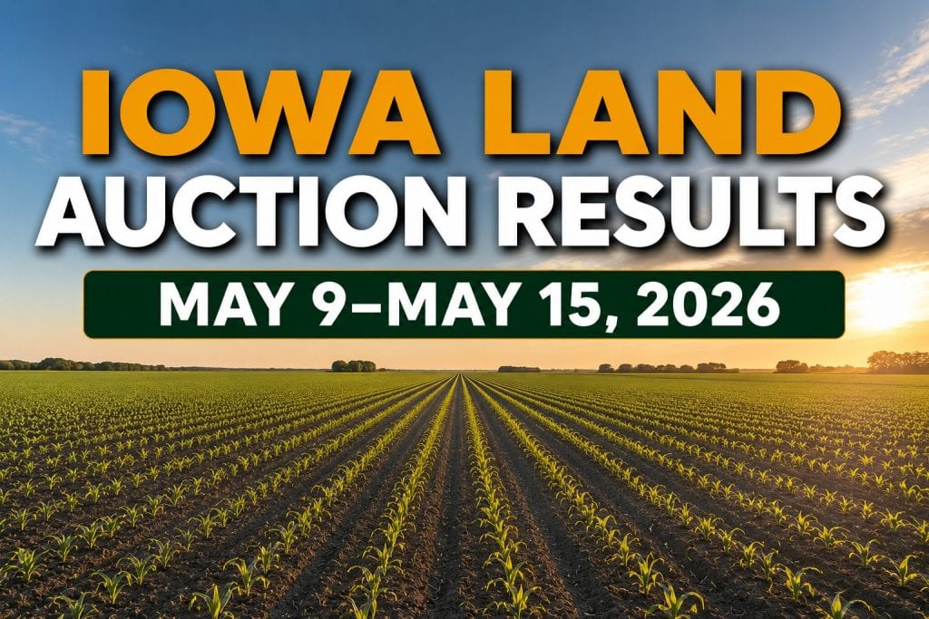 Iowa land auction results featured image showing freshly planted Iowa farmland during spring 2026