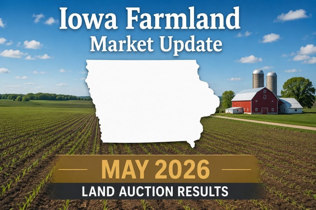 May 2026 Iowa Farmland Market update featuring Iowa land auction results, young growing corn, and farmland sales trends across Iowa.