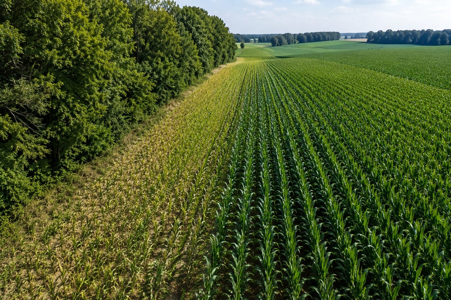 Aerial view of a cornfield showing reduced crop growth near a mature tree line compared to healthy corn farther into the field.