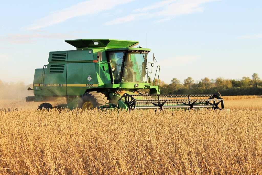 High-yield farm harvesting soybeans with modern agricultural equipment