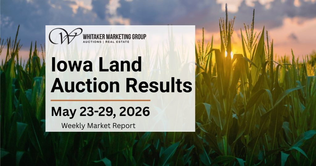 Iowa farmland auction results for May 23–29, 2026 featuring Iowa cropland and rural farm landscape.