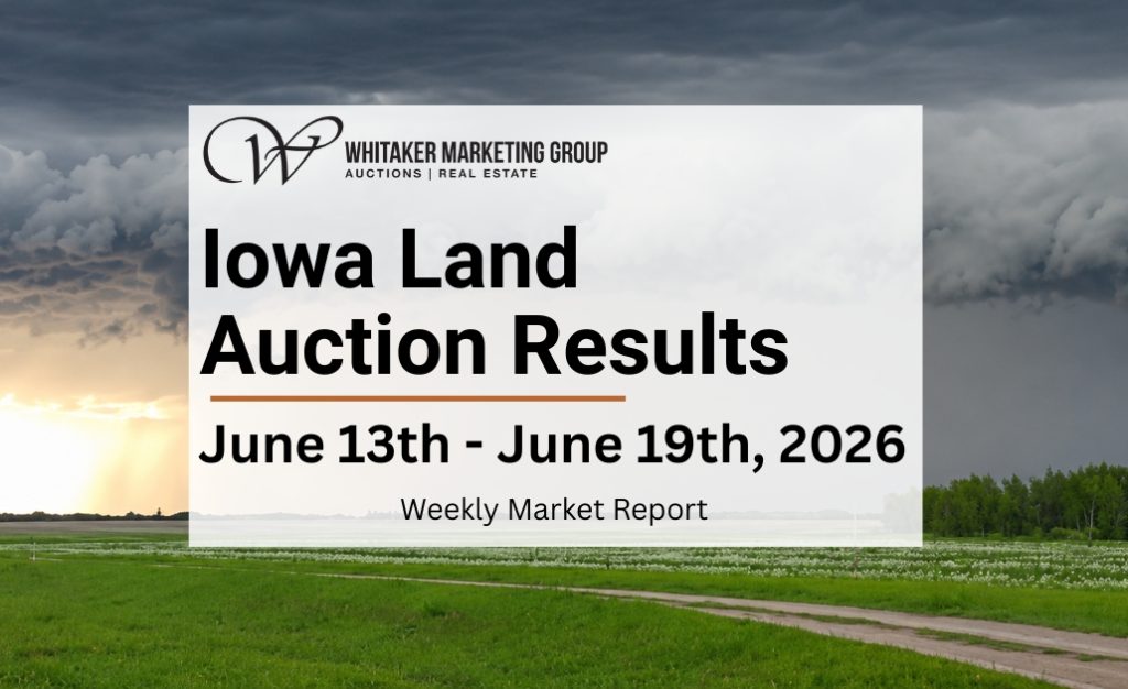 Iowa Land Auction Results June 13-19 2026 weekly market report featuring Iowa farmland auction prices and land market trends.