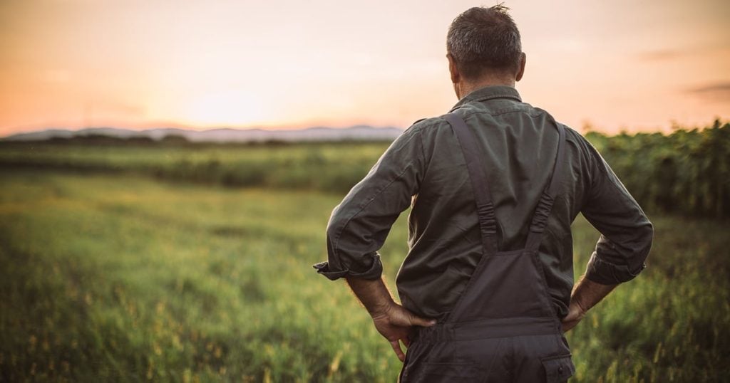 Landowner overlooking farmland at sunset while planning for long-term land stewardship, property value growth, and generational wealth.