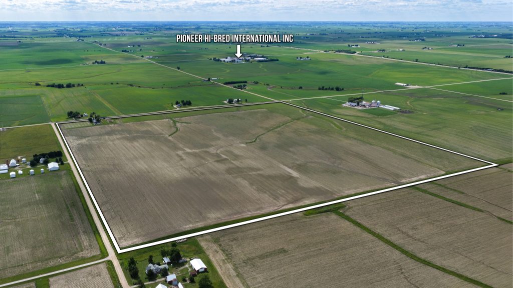 Aerial view of 162± acres of Scott County Iowa farmland near Durant, Iowa, highlighting the farm's location near Pioneer Hi-Bred International and Interstate 80.