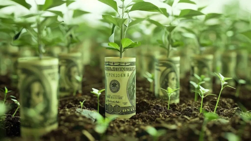Dollar bills growing from soil with young plants, representing farmland investment, agricultural wealth, long-term appreciation, and income generation from farmland ownership.