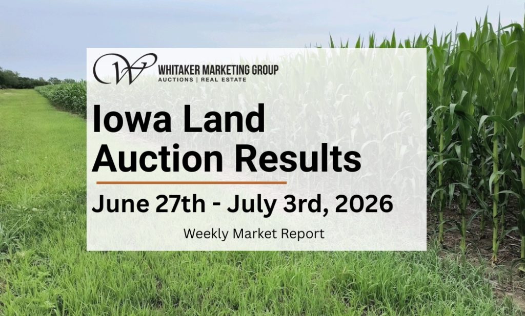 Iowa farmland auction results for June 27 through July 3, 2026 featuring recent tillable, pasture, and recreational land sales.