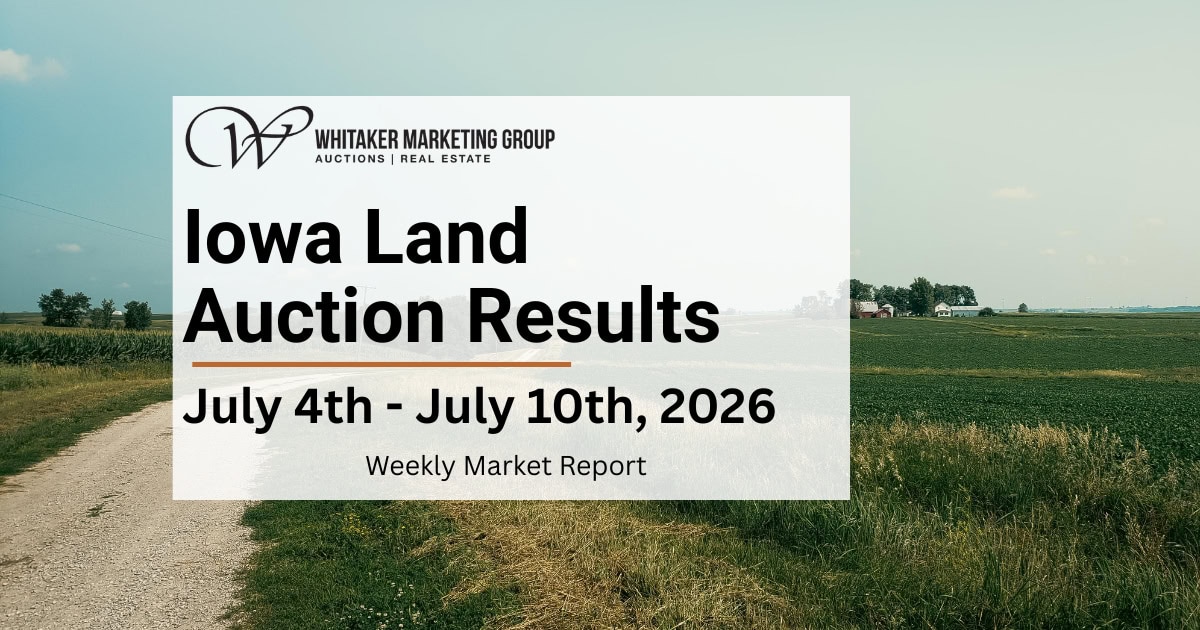 Iowa Land Auction Results weekly market report for July 4–10, 2026, featuring Iowa farmland auction and land sale data from Whitaker Marketing Group.